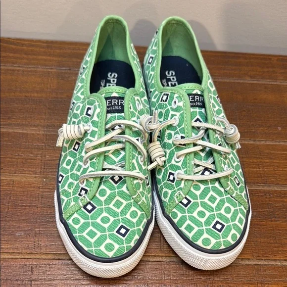 Women’s Sperry Topsider with memory foam green white and blue sneakers size 7.5m - Picture 2 of 8